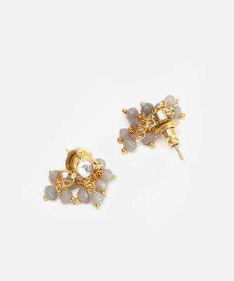 Gold plated kundan grey beaded stud earrings 2