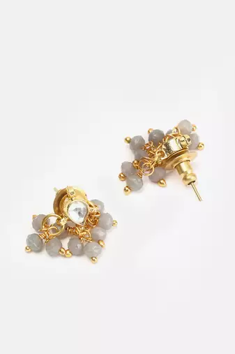 Gold plated kundan grey beaded stud earrings