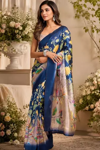 Navy blue blue printed chanderi cotton ready to wear saree