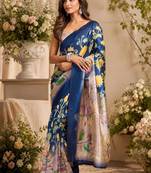 Navy blue blue printed chanderi cotton ready to wear saree