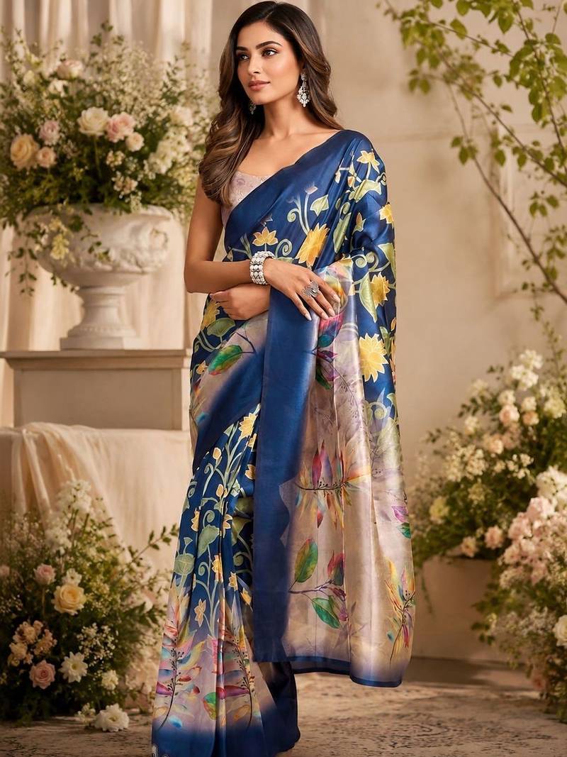Navy blue blue printed chanderi cotton ready to wear saree