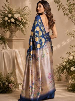 Navy blue blue printed chanderi cotton ready to wear saree 2