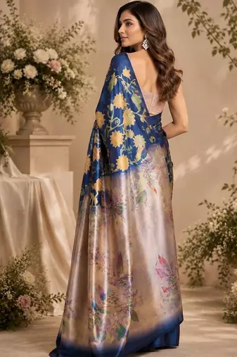 Navy blue blue printed chanderi cotton ready to wear saree