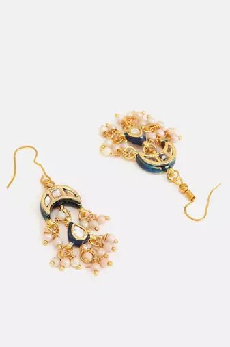 Gold plated kundan blue drop earrings