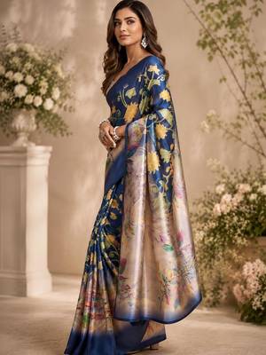 Navy blue blue printed chanderi cotton ready to wear saree 3