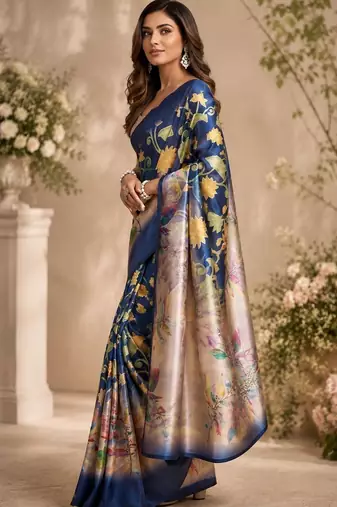 Navy blue blue printed chanderi cotton ready to wear saree