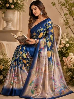 Navy blue blue printed chanderi cotton ready to wear saree 4