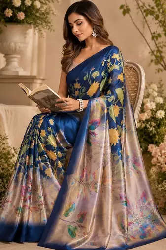 Navy blue blue printed chanderi cotton ready to wear saree