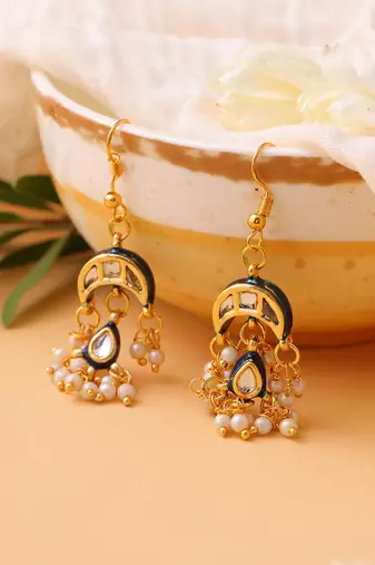 Gold plated kundan blue drop earrings