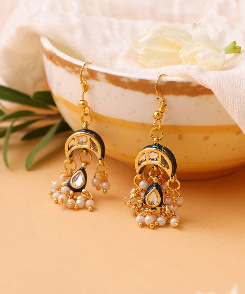 Gold plated kundan blue drop earrings