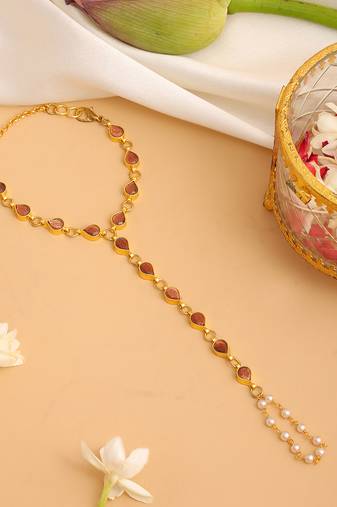 Gold plated kundan brown stones haathphool