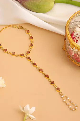 Gold plated kundan brown stones haathphool