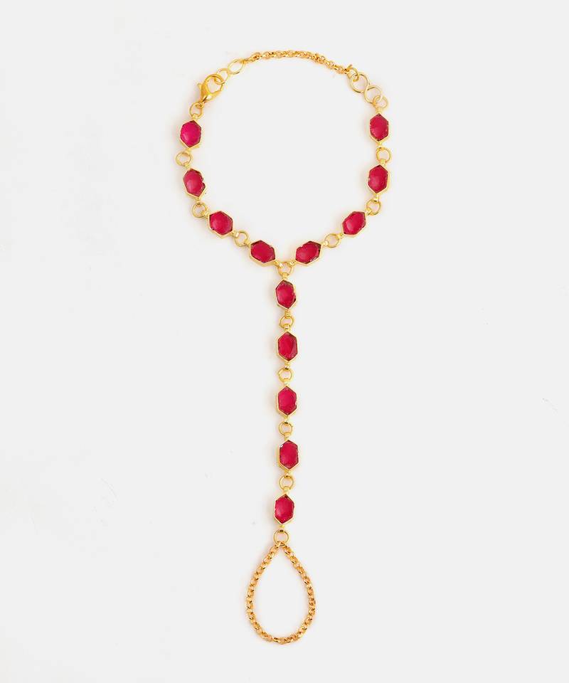 Gold plated kundan ruby red stones haathphool