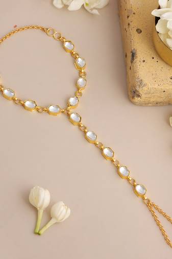 Gold plated kundan white stone haathphool