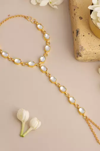 Gold plated kundan white stone haathphool