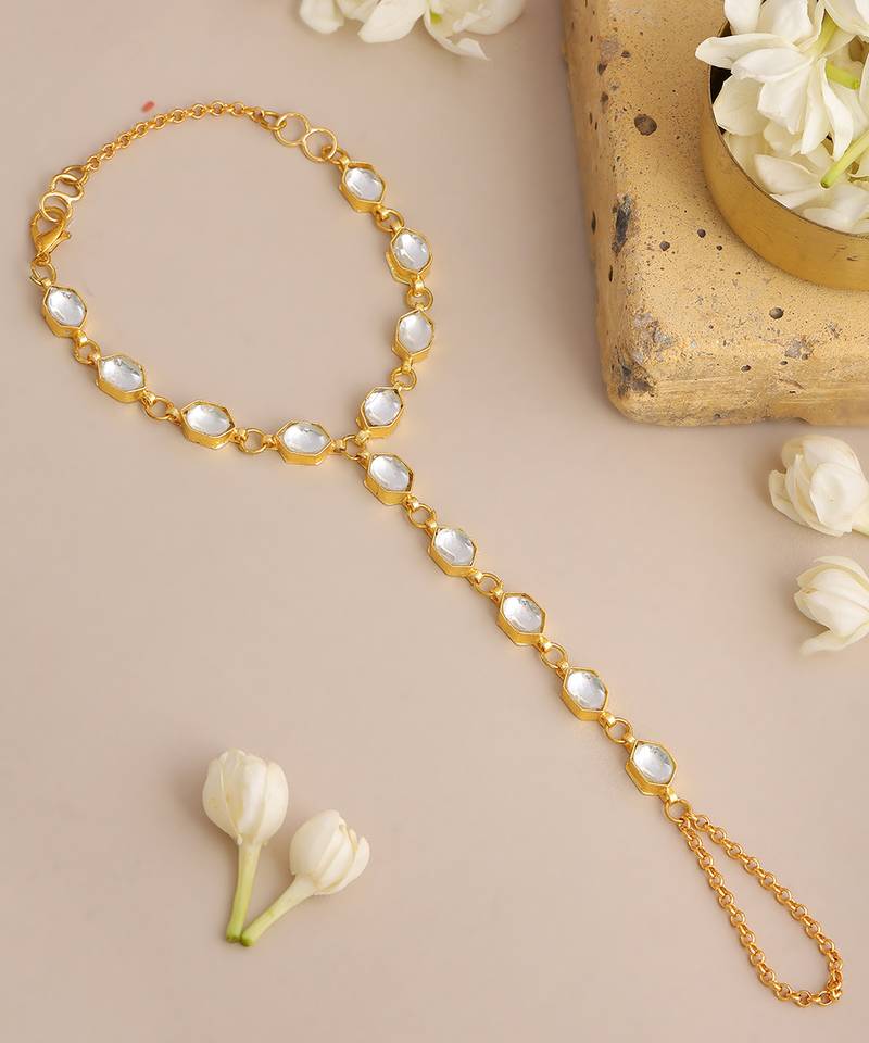 Gold plated kundan white stone haathphool