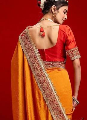 Orange embroidered sarees blouse piece 4