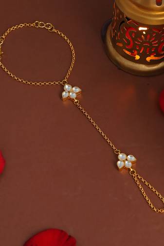 Gold plated kundan white stone haathphool