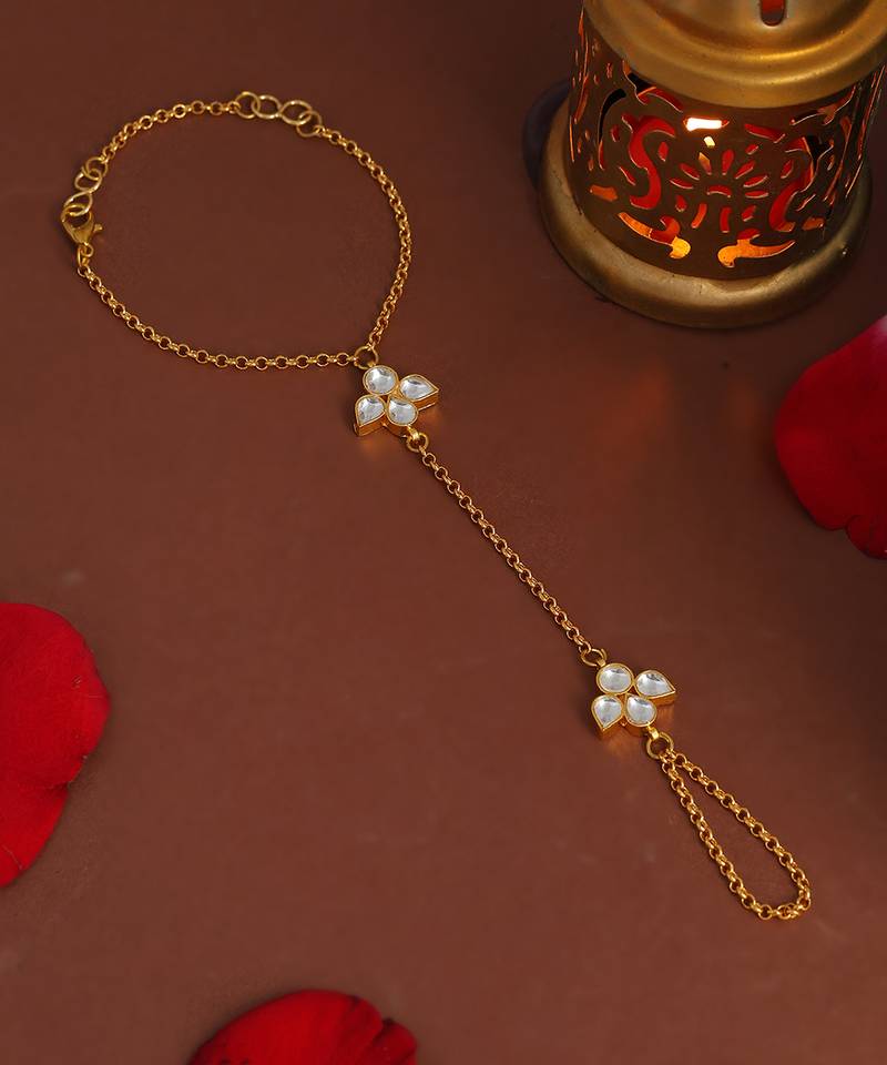 Gold plated kundan white stone haathphool