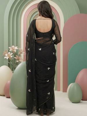 Black embroidered sarees with blouse piece 3
