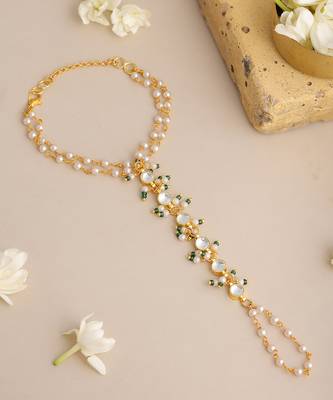 Gold plated kundan white and green haathphool 1