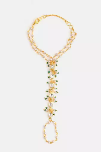 Gold plated kundan white and green haathphool
