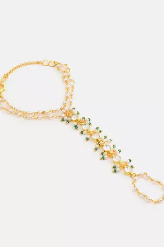 Gold plated kundan white and green haathphool