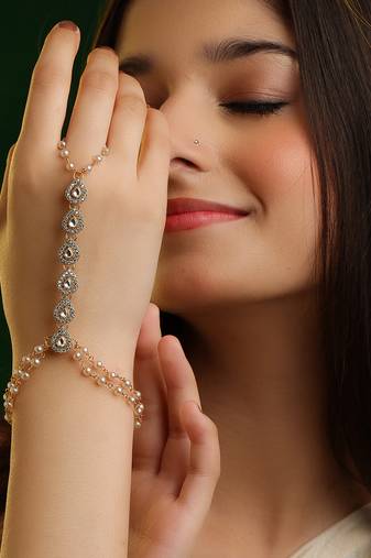 Gold plated kundan grey haathphool