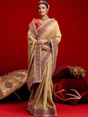 Beige sarees embroidered saree with unstitched blouse piece 4