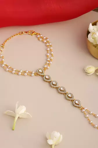 Gold plated kundan grey haathphool