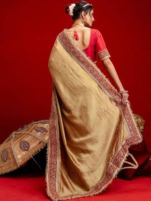 Beige sarees embroidered saree with unstitched blouse piece 5