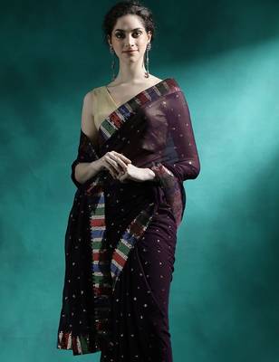 Brown sequence embroidered saree with unstitched blouse piece 1