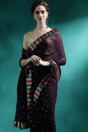 Brown sequence embroidered saree with unstitched blouse piece