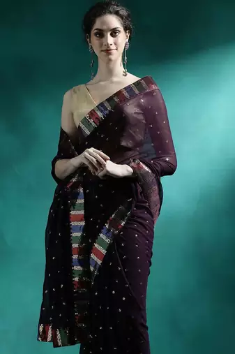 Brown sequence embroidered saree with unstitched blouse piece