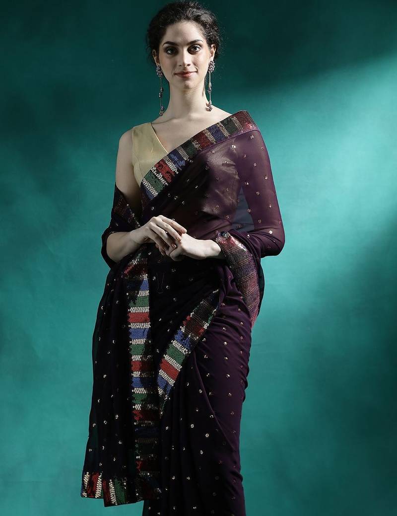 Brown sequence embroidered saree with unstitched blouse piece