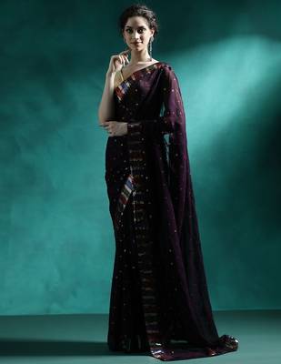 Brown sequence embroidered saree with unstitched blouse piece 2
