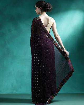 Brown sequence embroidered saree with unstitched blouse piece 3