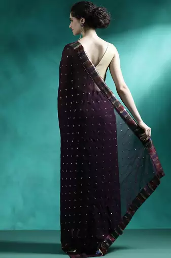 Brown sequence embroidered saree with unstitched blouse piece