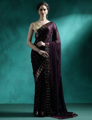 Brown sequence embroidered saree with unstitched blouse piece 4