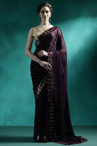 Brown sequence embroidered saree with unstitched blouse piece