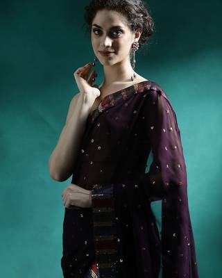 Brown sequence embroidered saree with unstitched blouse piece 5