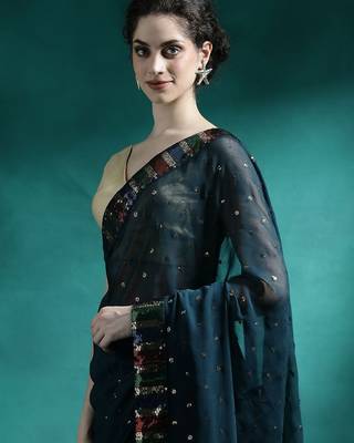 Teal sequence embroidered saree with unstitched blouse piece 1