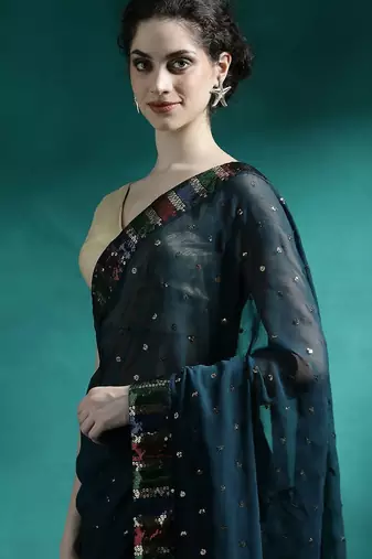 Teal sequence embroidered saree with unstitched blouse piece