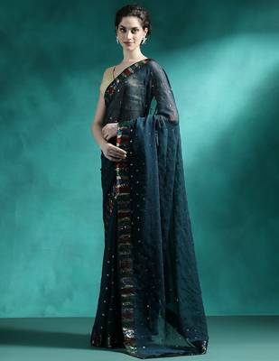 Teal sequence embroidered saree with unstitched blouse piece 2