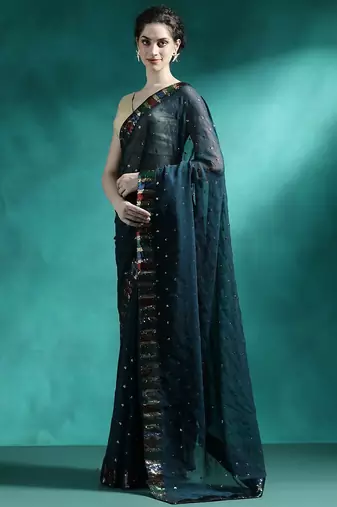 Teal sequence embroidered saree with unstitched blouse piece