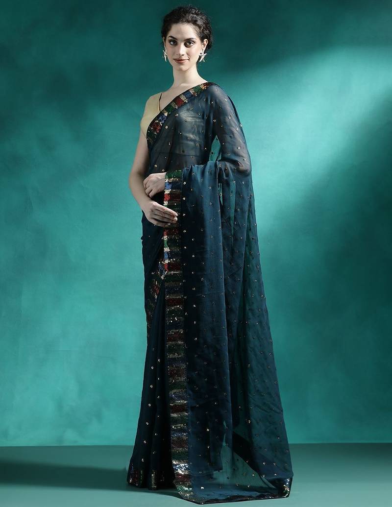 Teal sequence embroidered saree with unstitched blouse piece