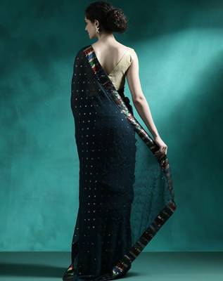 Teal sequence embroidered saree with unstitched blouse piece 3