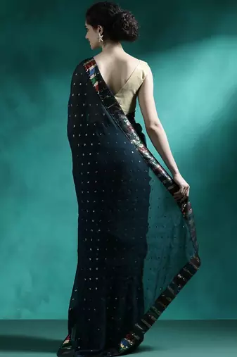 Teal sequence embroidered saree with unstitched blouse piece