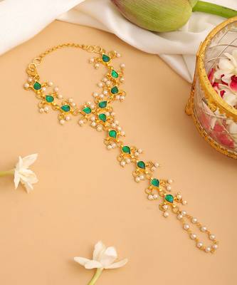 Gold plated kundan green haathphool 1