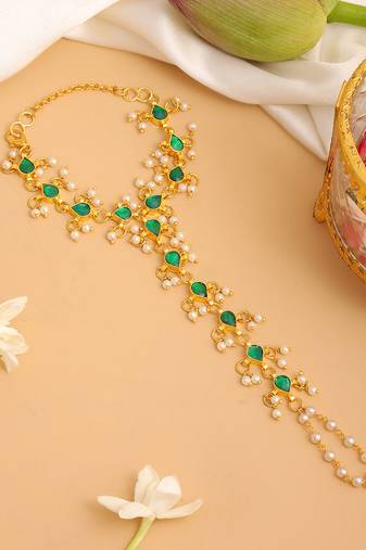 Gold plated kundan green haathphool
